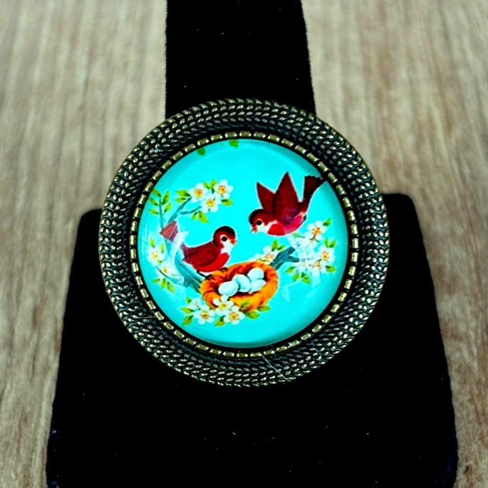 Vintage Style Bird Print Handmade Adjustable Ring, NWT